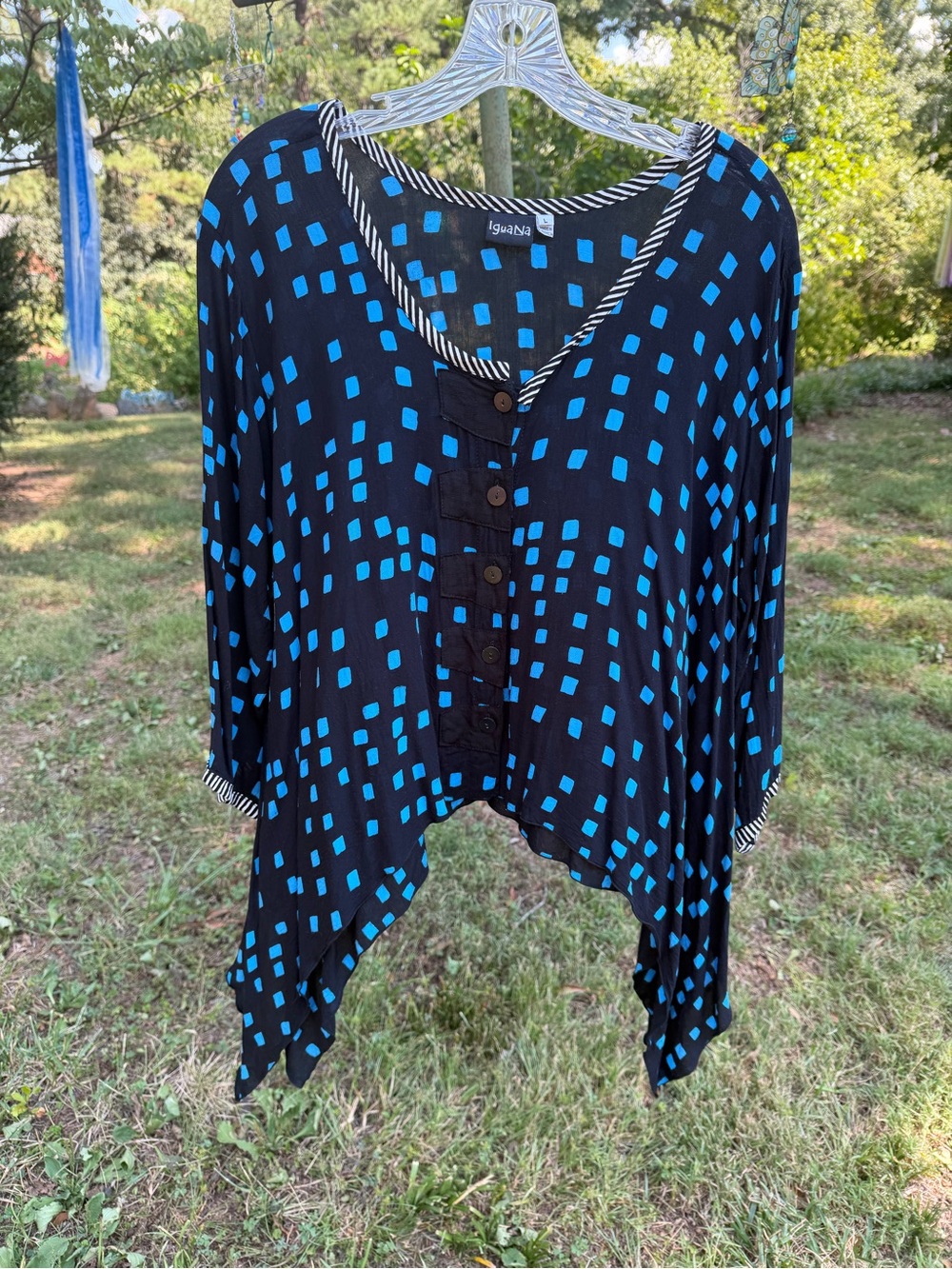 Black Tunic Top with Bright Blue Geo Print and Button Front